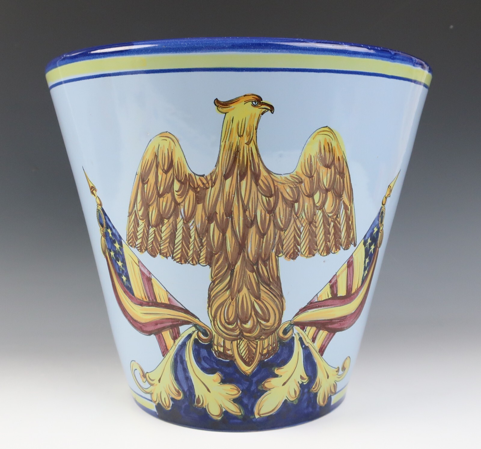 Large Vintage Italy Hand Painted American Eagle Flag Jardiniere Planter Pottery