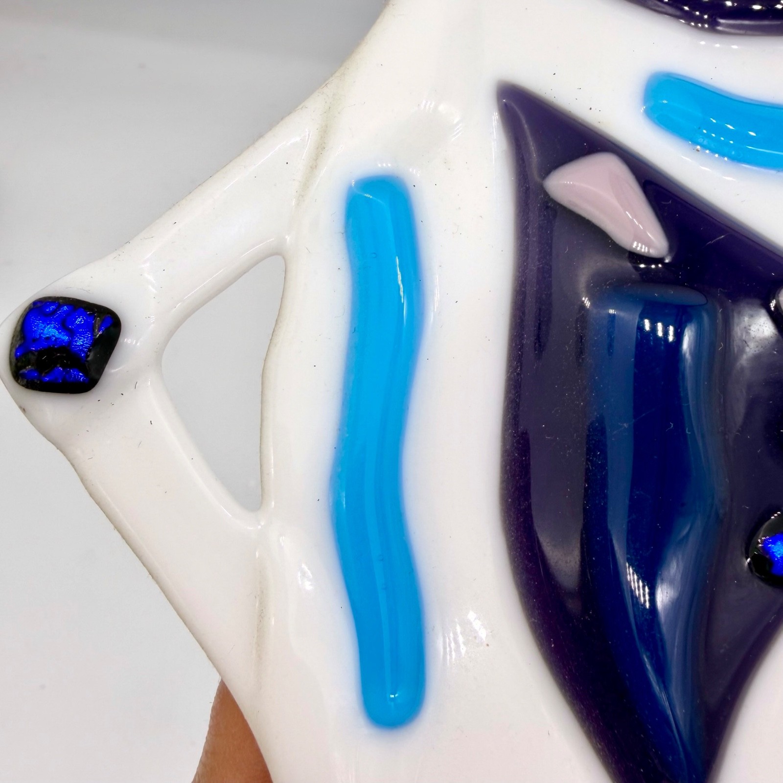 Vtg Fused Glass Wall Hanging Modernist Abstract Face Geometric Blue Dichro 15”