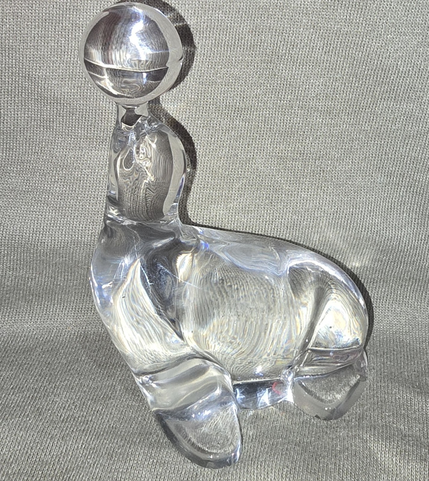 Vintage Glass Seal with Ball Figurine Around 5” Clear Sculpture