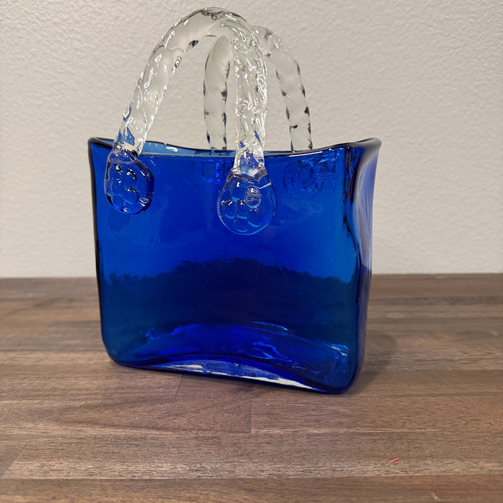 Vintage Cobalt Blue Blown Glass Purse Handbag Bag Vase, Clear Swirl Handles