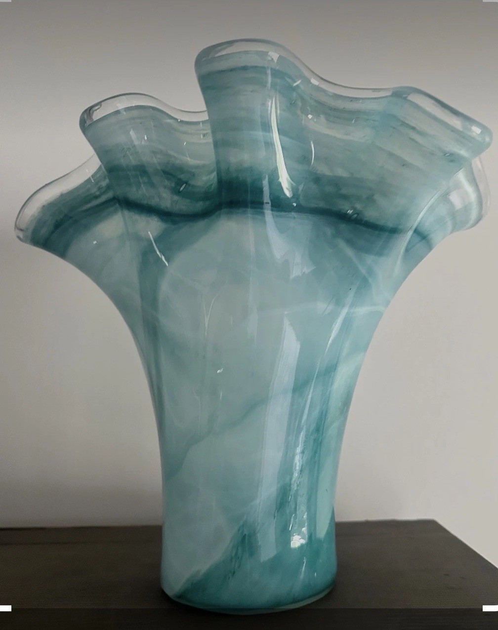 Vintage Murano Hand-Blown Art Glass Vase – Large 16” Ruffled Teal Blue