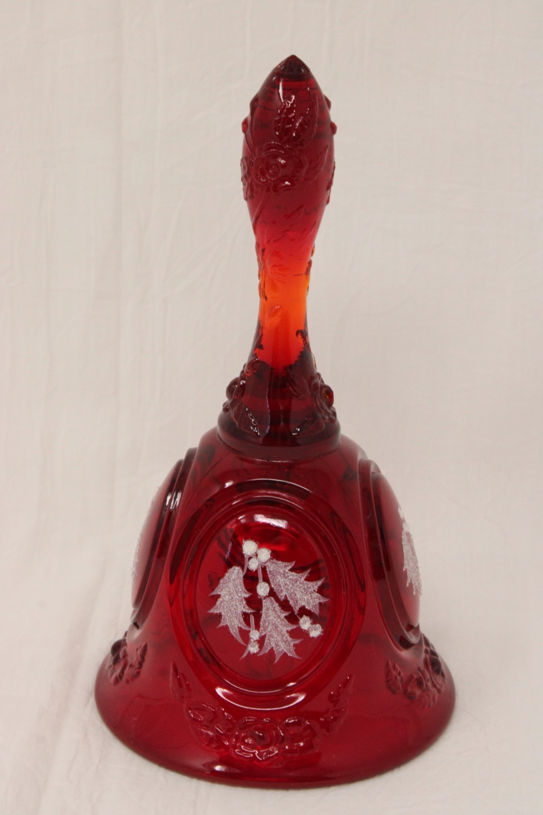 FENTON Ruby Red Iced White Holly Medallion Christmas Bell SIGNED, 6.75″ Tall EC
