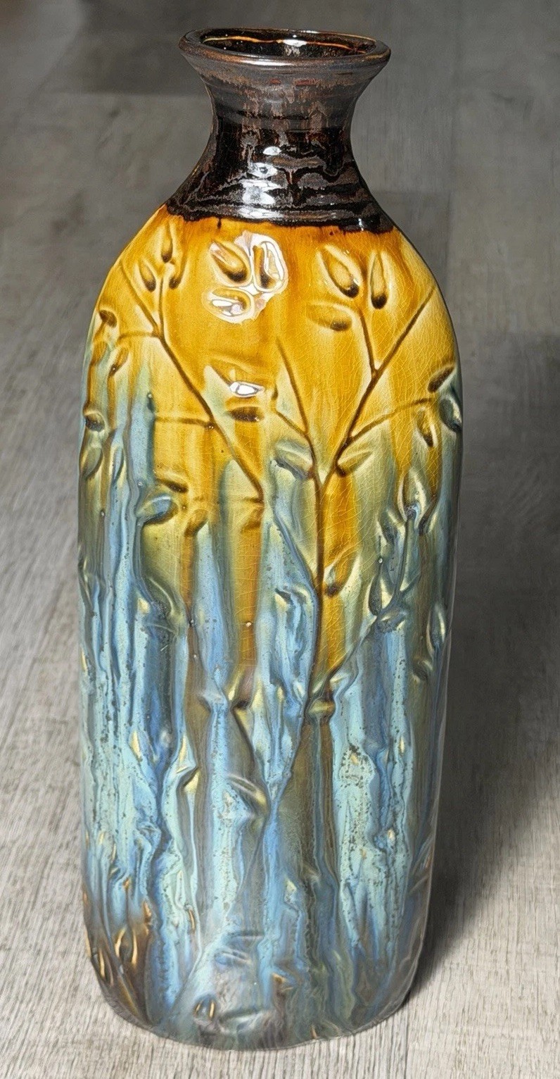 Vintage Style Blue Brown Drip Glaze Art Pottery Vase Embossed Floral Relief