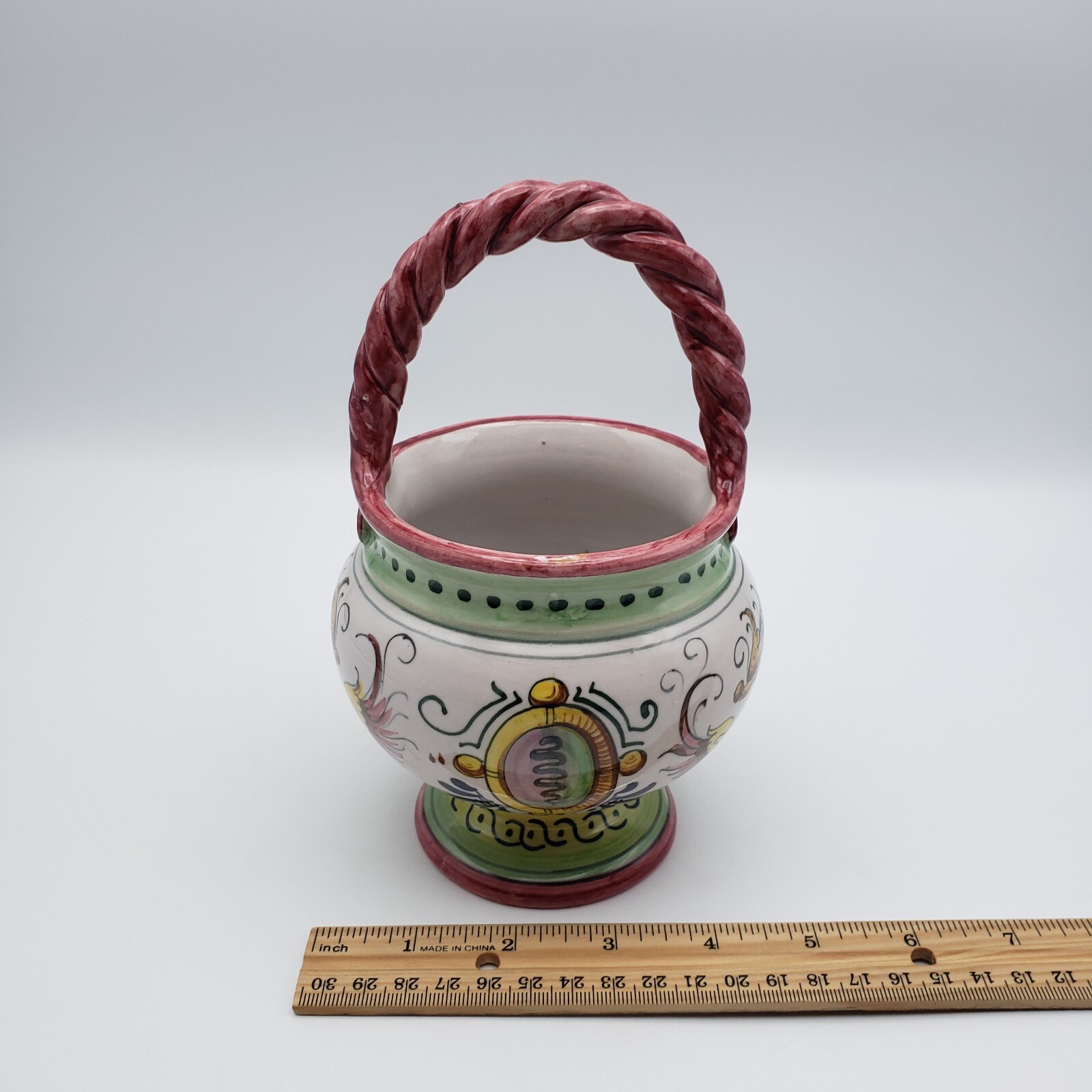 Vintage Italian Ceramic Decorative Basket w Twisted Handle Painted Winged Figure