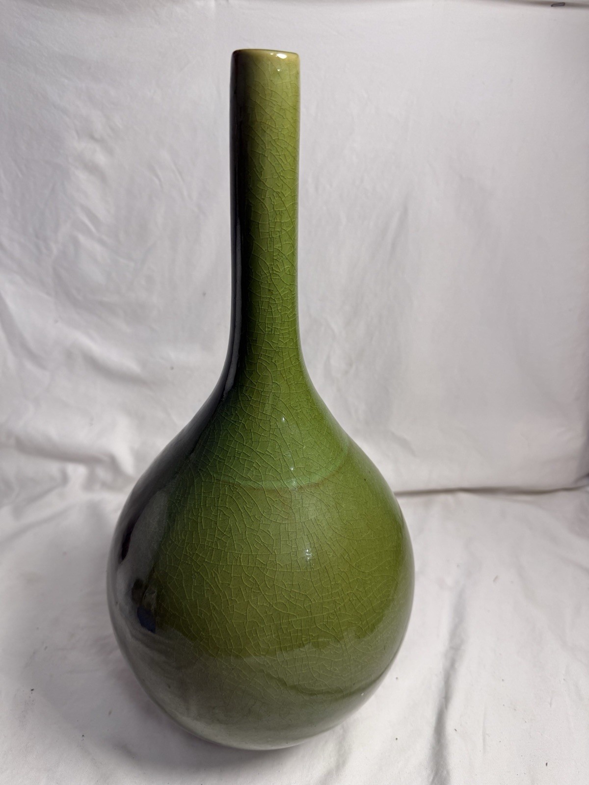 Mid Century Modern Green Crackle Glaze Floor Vase 16 Inch Large Ceramic