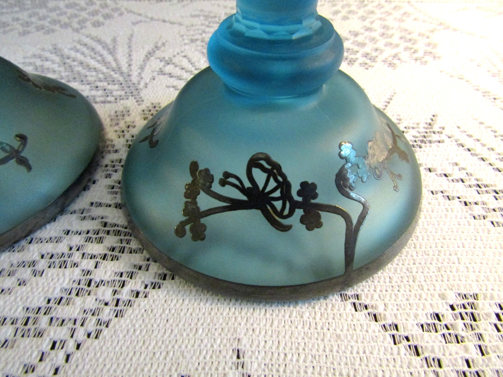 Tiffin Sky Blue Satin Glass CONSOLE BOWL & CANDLESTICK HOLDERS / Silver Overlay