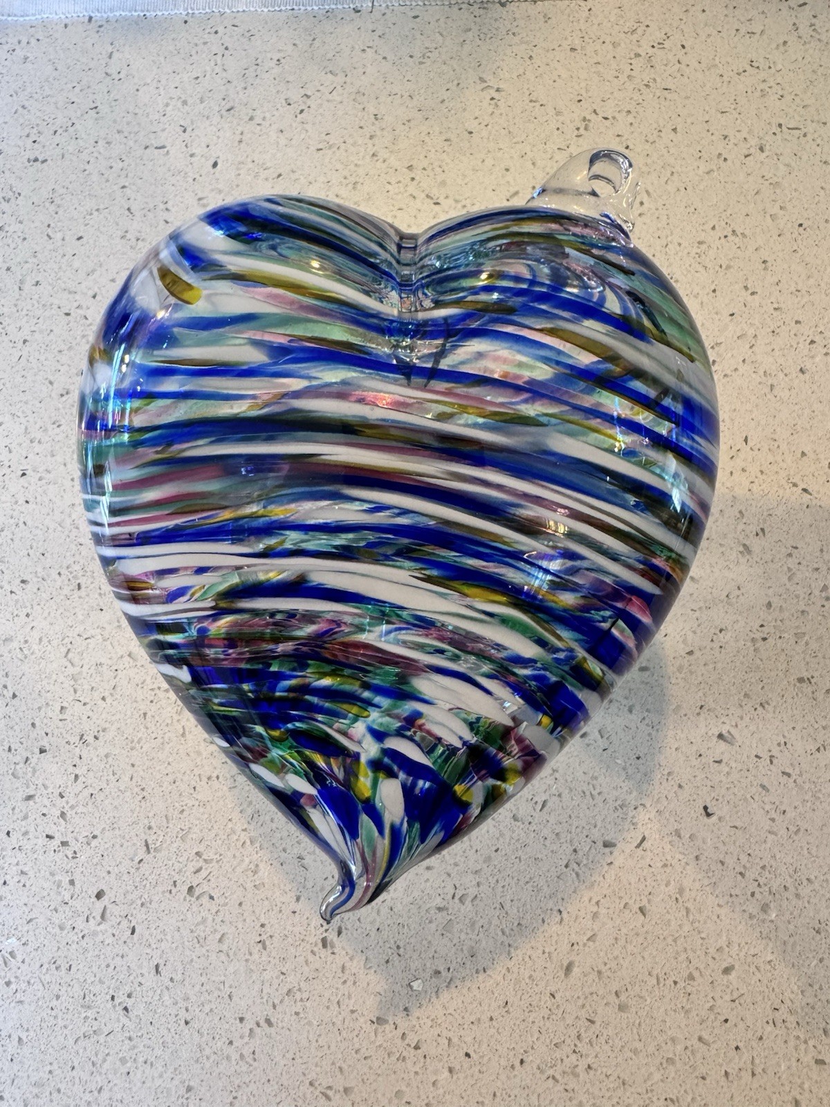 Large Hand Blown Studio Art Glass Heart Blue White Multicolor 7” x 6” 2.5 lbs
