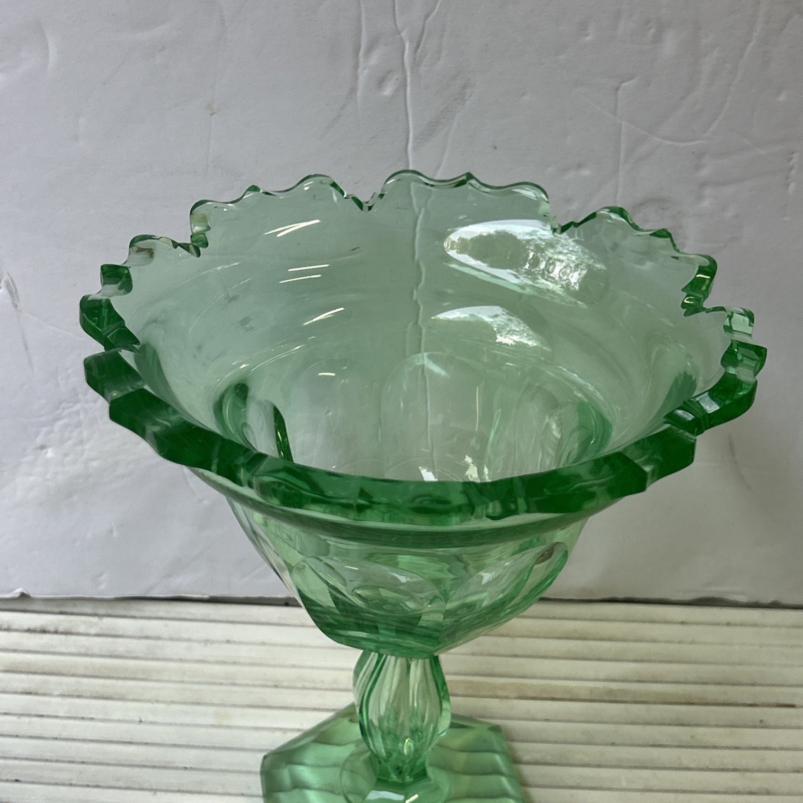 Bohemian /German Glass Uranium Paneled Optic Ruffled Crimped Jelly Compote 7.25”
