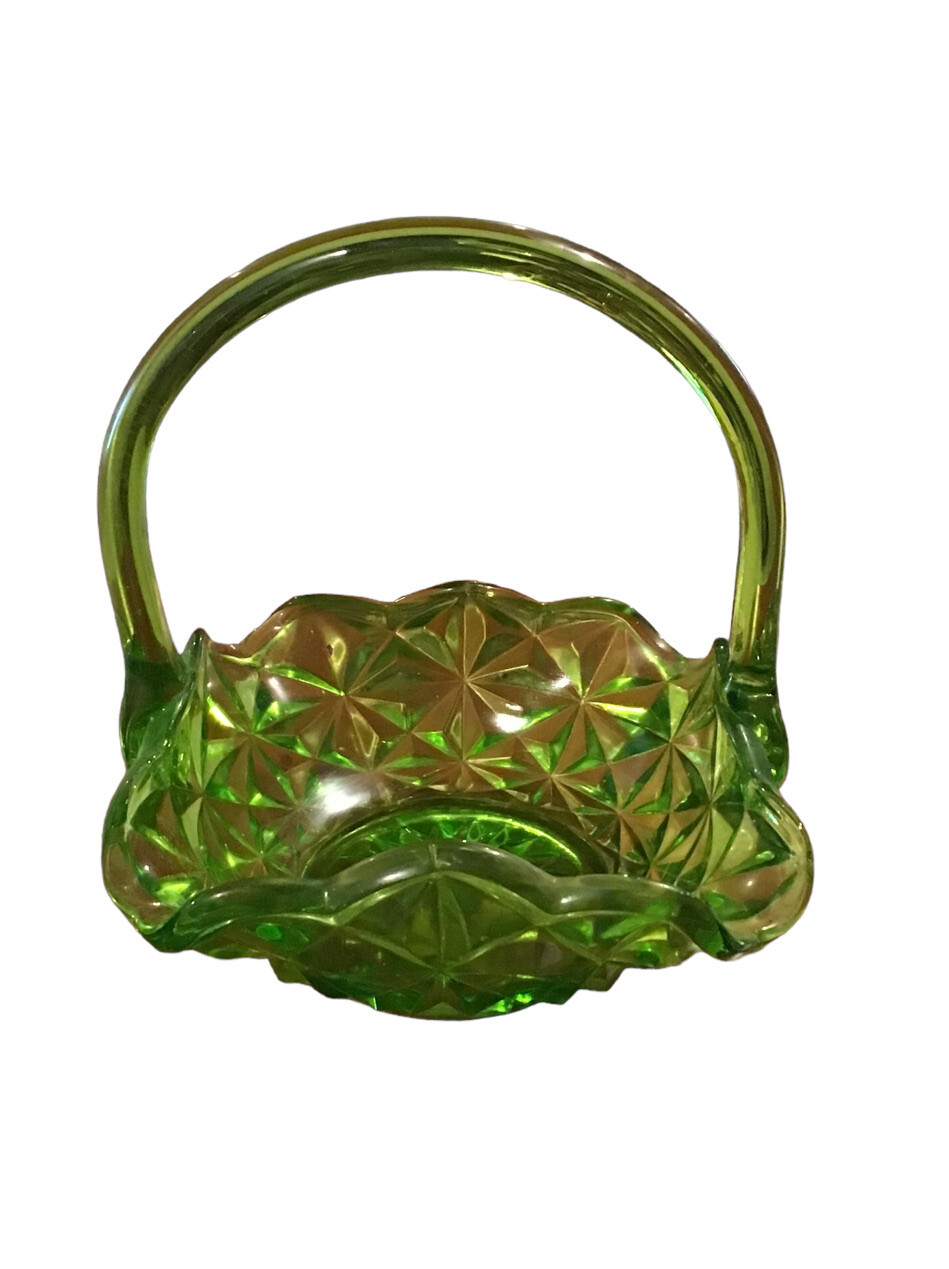 Vintage Green Pressed Glass Basket Star Pattern with Handle Candy Dish
