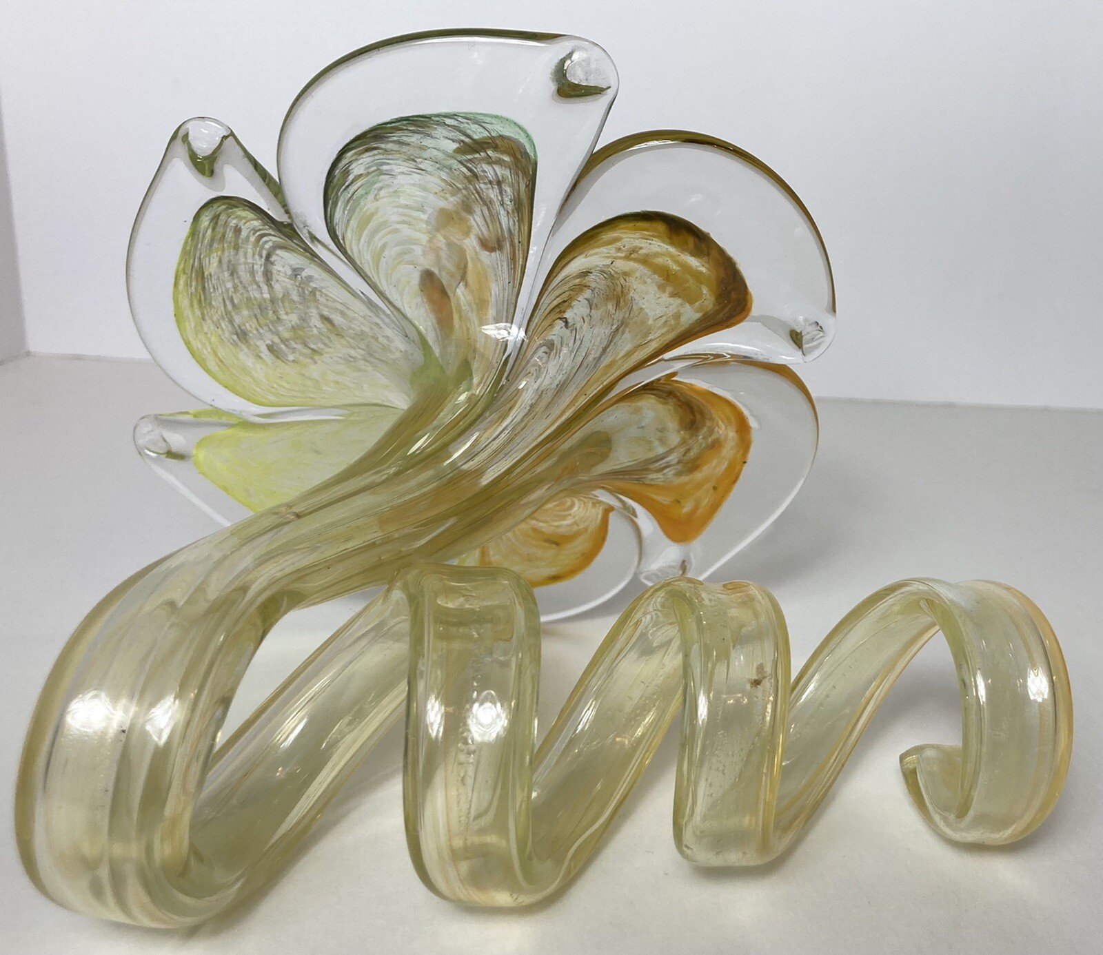 Art Glass FLOWER WITH SWIRLED STEM Clear Orange Yellow Green 4.5 Inches Tall