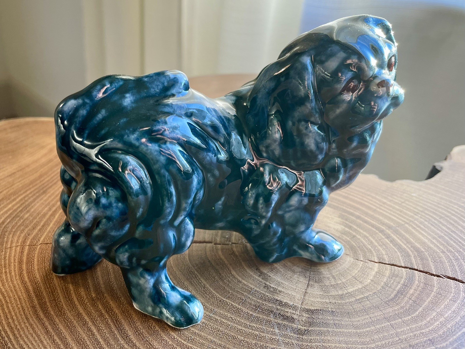 MCM Vintage Ceramic Pekingese Dog Figurine Blue Drip Glaze