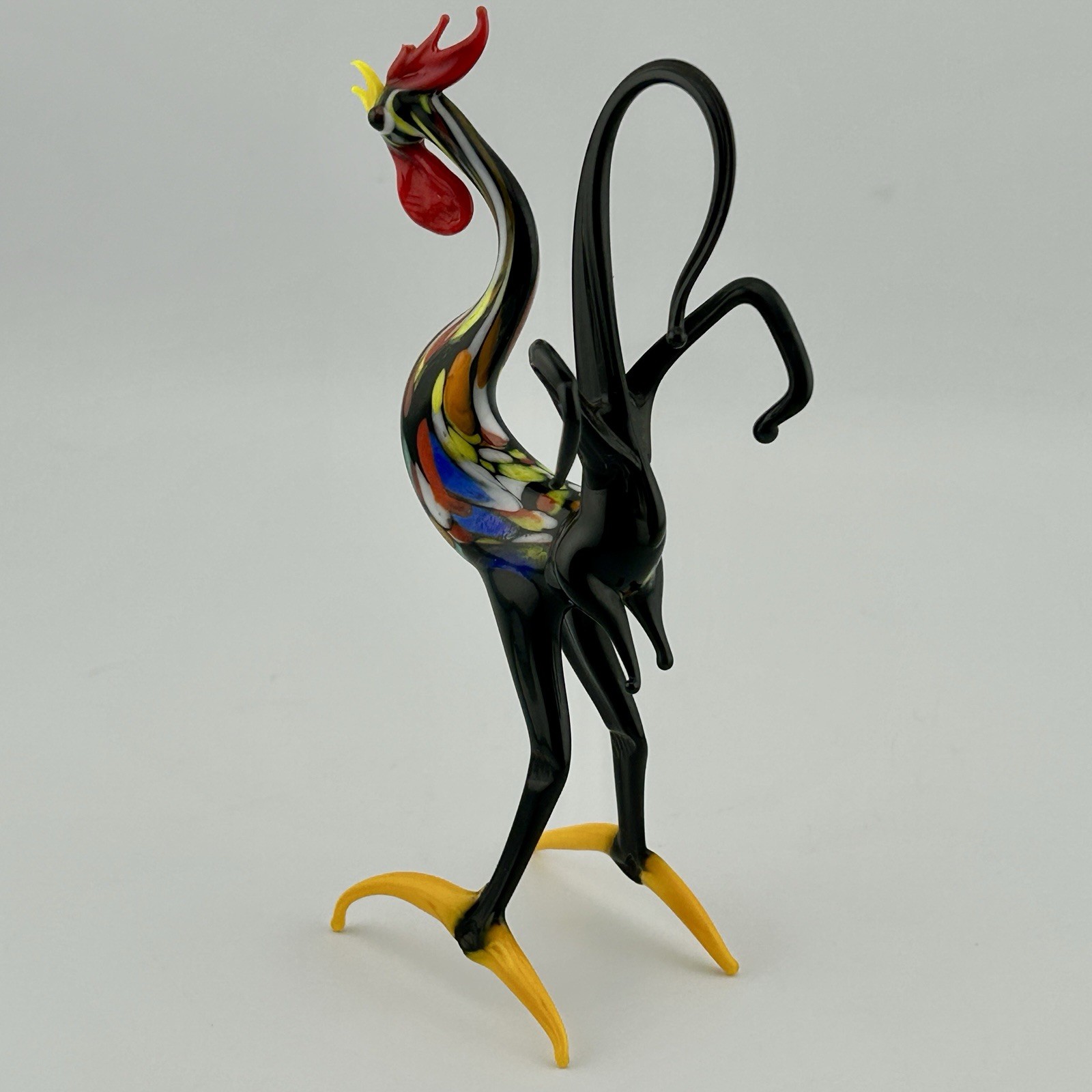 Murano Venetian Lampwork Glass Rooster Black Confetti 1950s VTG 5″