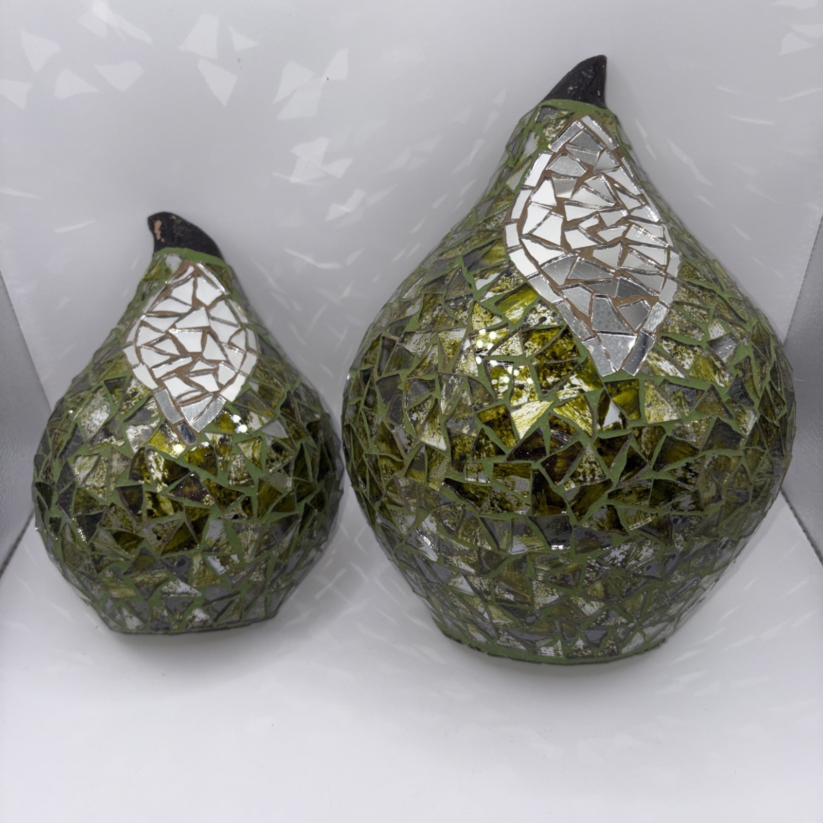 Set 2 Green Mosaic Glass Pear Figurines Hand Thrown Clay Art Pottery Decor MCM