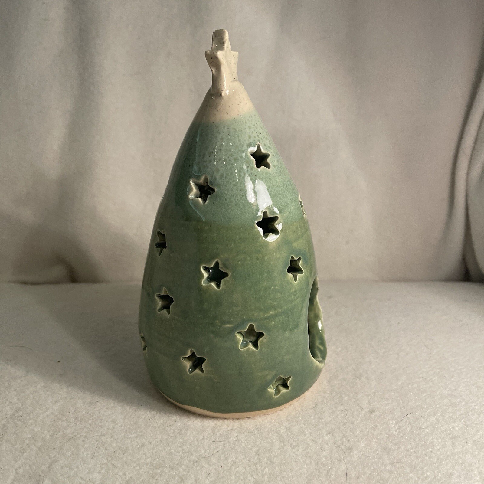 Handcrafted Art Pottery Christmas Tree W/ Stars Yes Light Candle Holder Signed