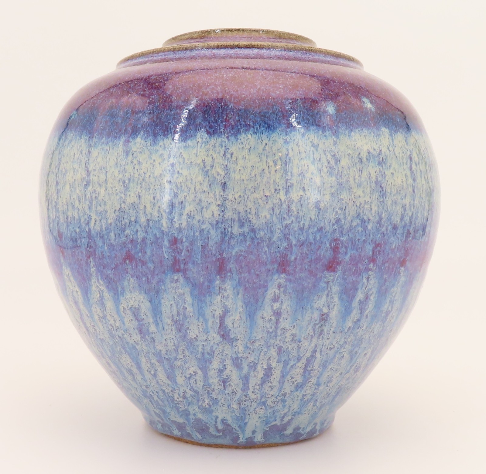 Art Pottery Vase Pot Purple Blue Flambe Drip Glaze 7″ High Artist Signed