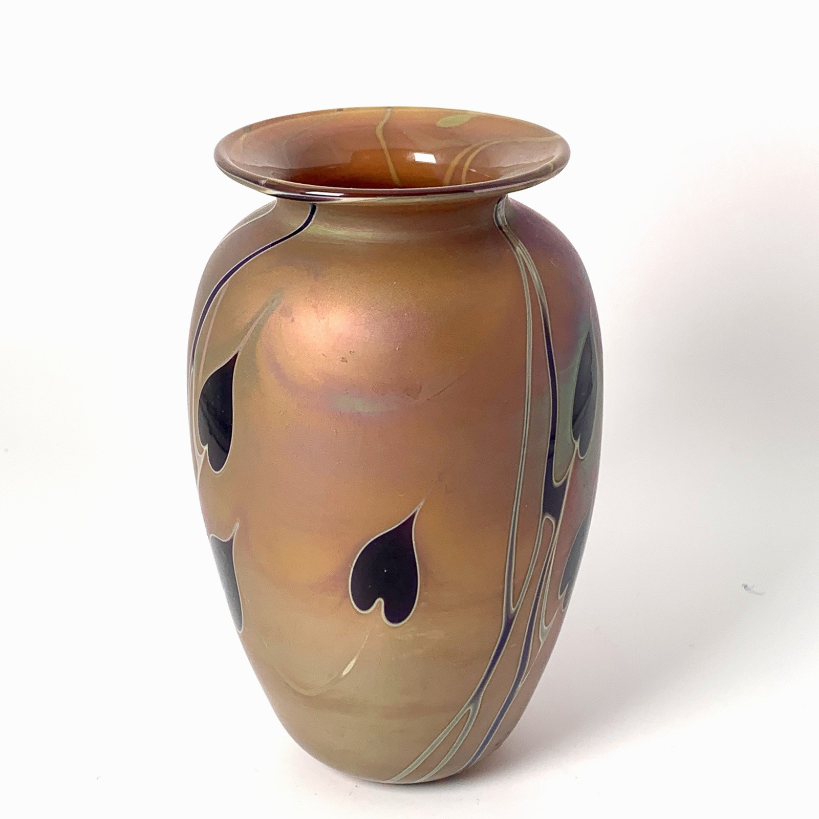 Craig Zweifel Vase Blown Art Glass Hearts And Vines Iridescent 1985 Idaho