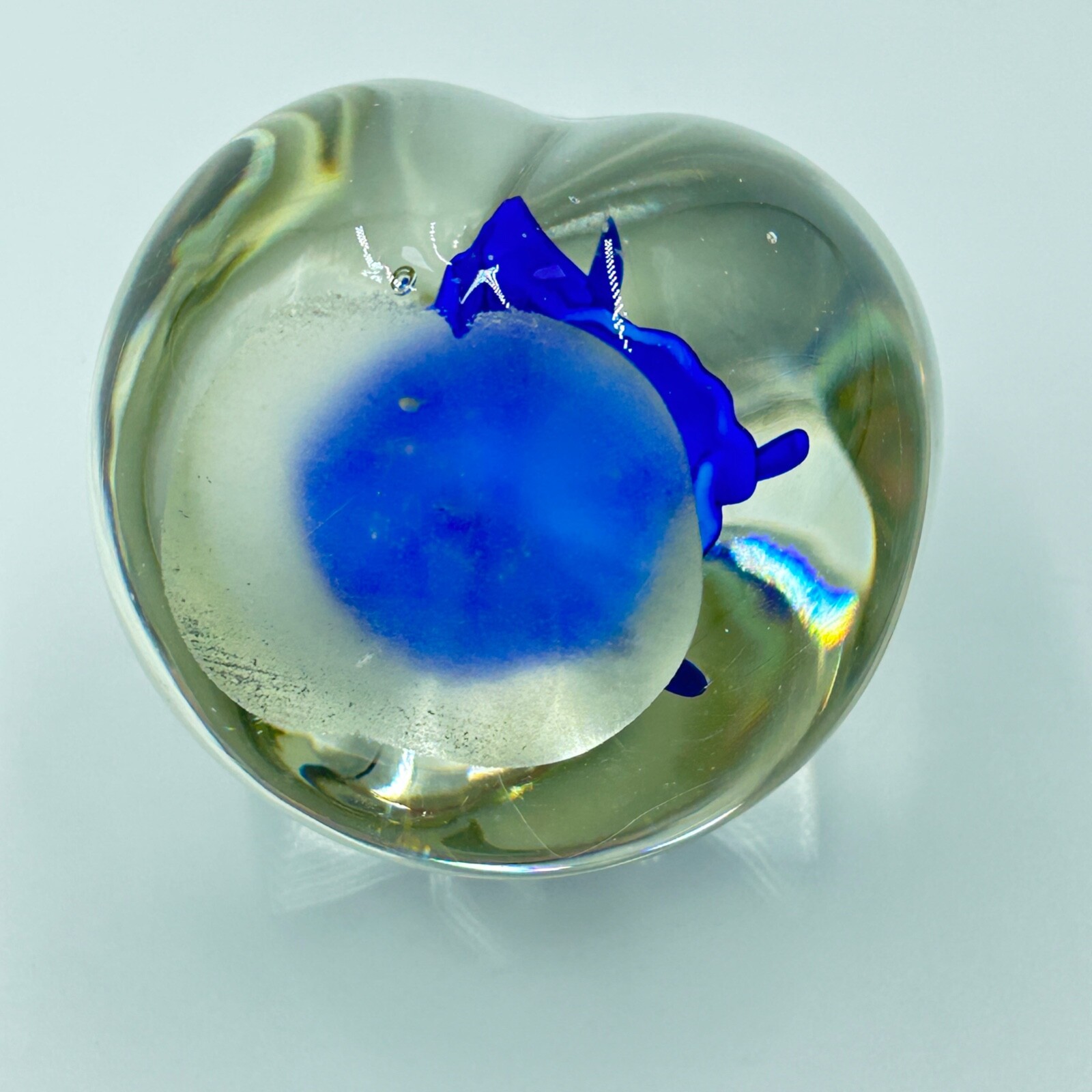 Vintage Art Glass Paperweight – clear with blue flower and controlled bubble