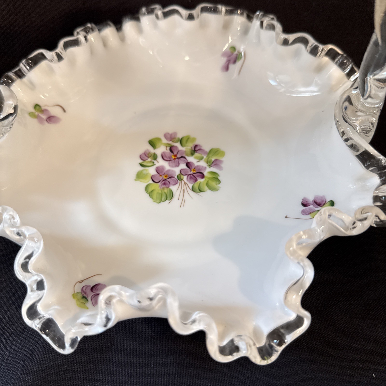 Fenton Basket Silver Crest Violets in Snow Flowers Spanish Lace Excellent