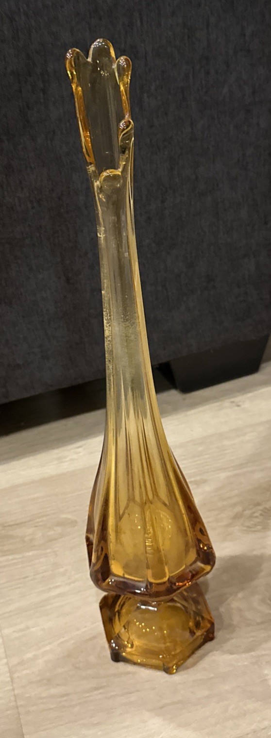 VTG MCM Viking Glass 17.5” Amber Swung Vase in Epic Column Hexagon Base Fingers