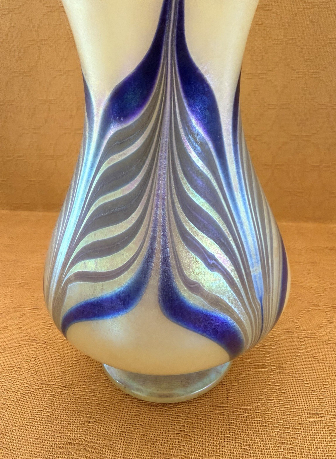 Vintage Hand Blown Yellow Blue Purple Pulled Feather Glass Vase Rough Pontil