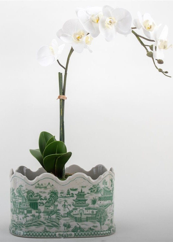 HAND PAINTED GREEN WILLOW OVAL PORCELAIN PLANTER WITH SCALLOP TOP- 12” X 7”H