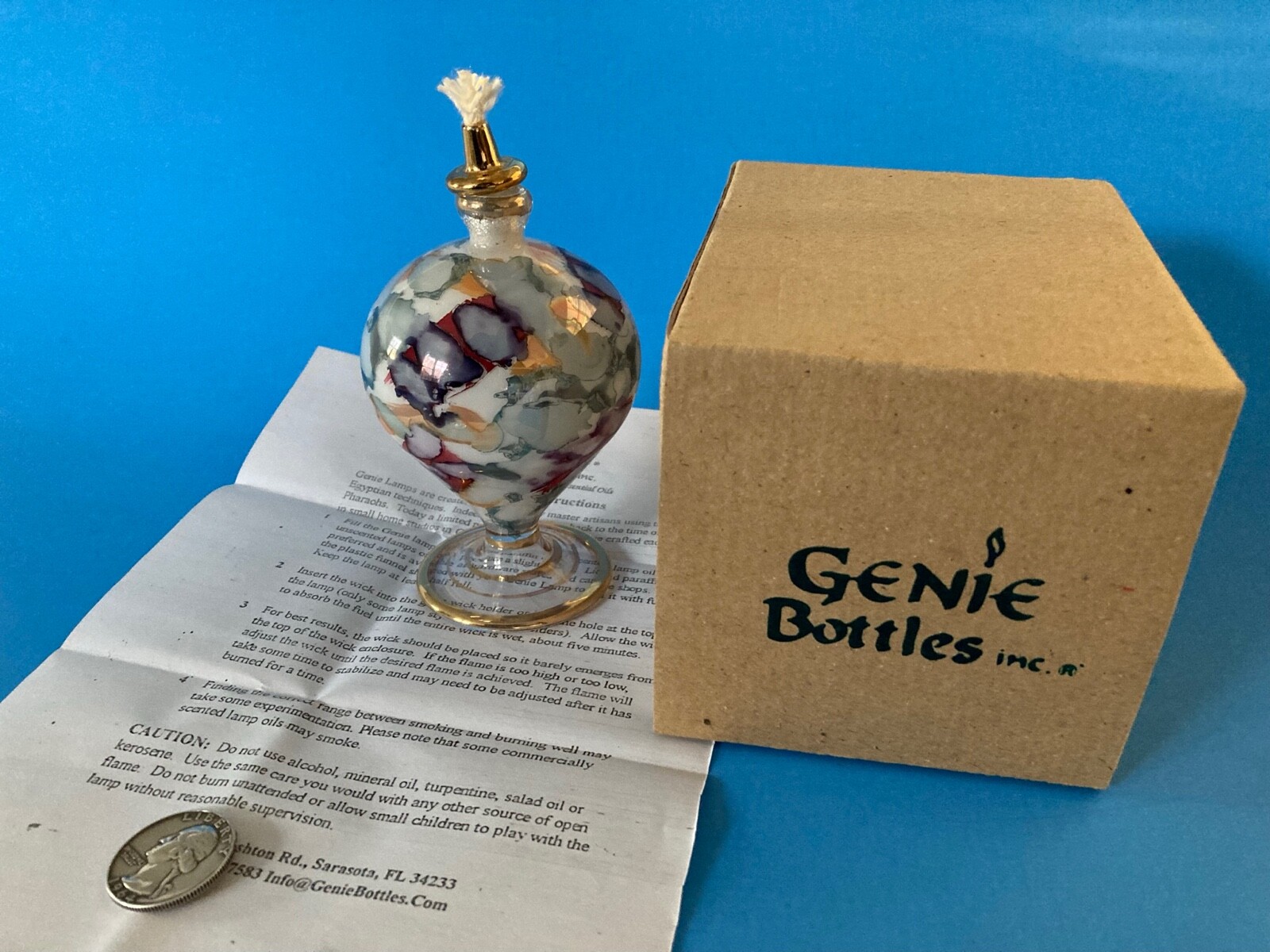 NEW MODELED HAND BLOWN GLASS OIL LAMP 24K GOLD EGYPTIAN NIB GENIE BOTTLES NOS A+