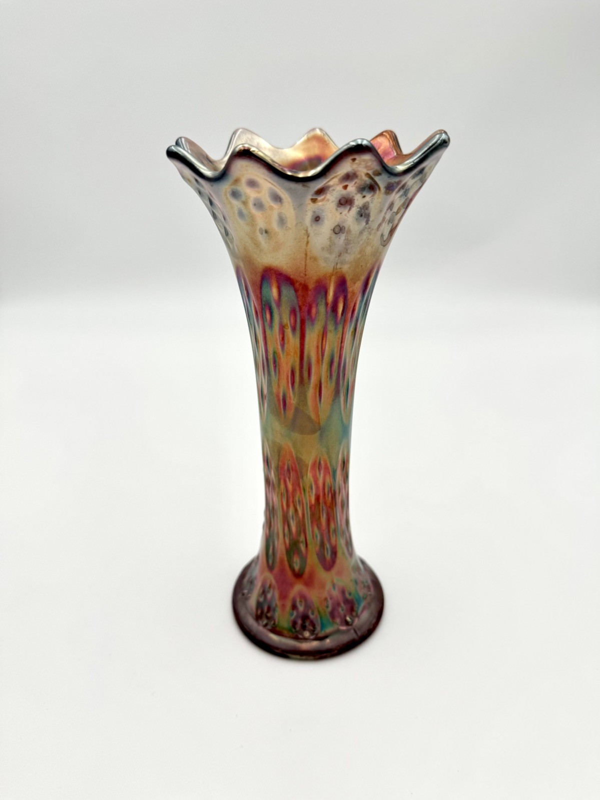 Vintage 9.5” Iridescent Carnival Glass Tree Trunk Swung Vase Excellent Condition