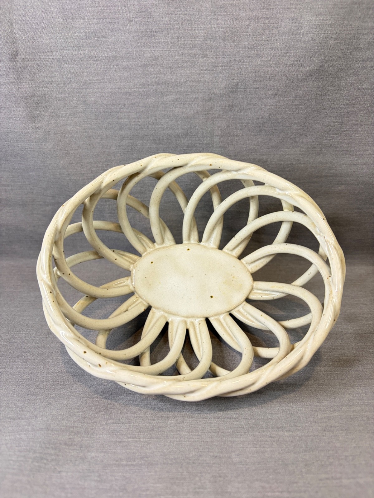 Vintage Stoneware Woven Basket Off White Speckle Pattern Oval 6.5″ L x 5.25″ W