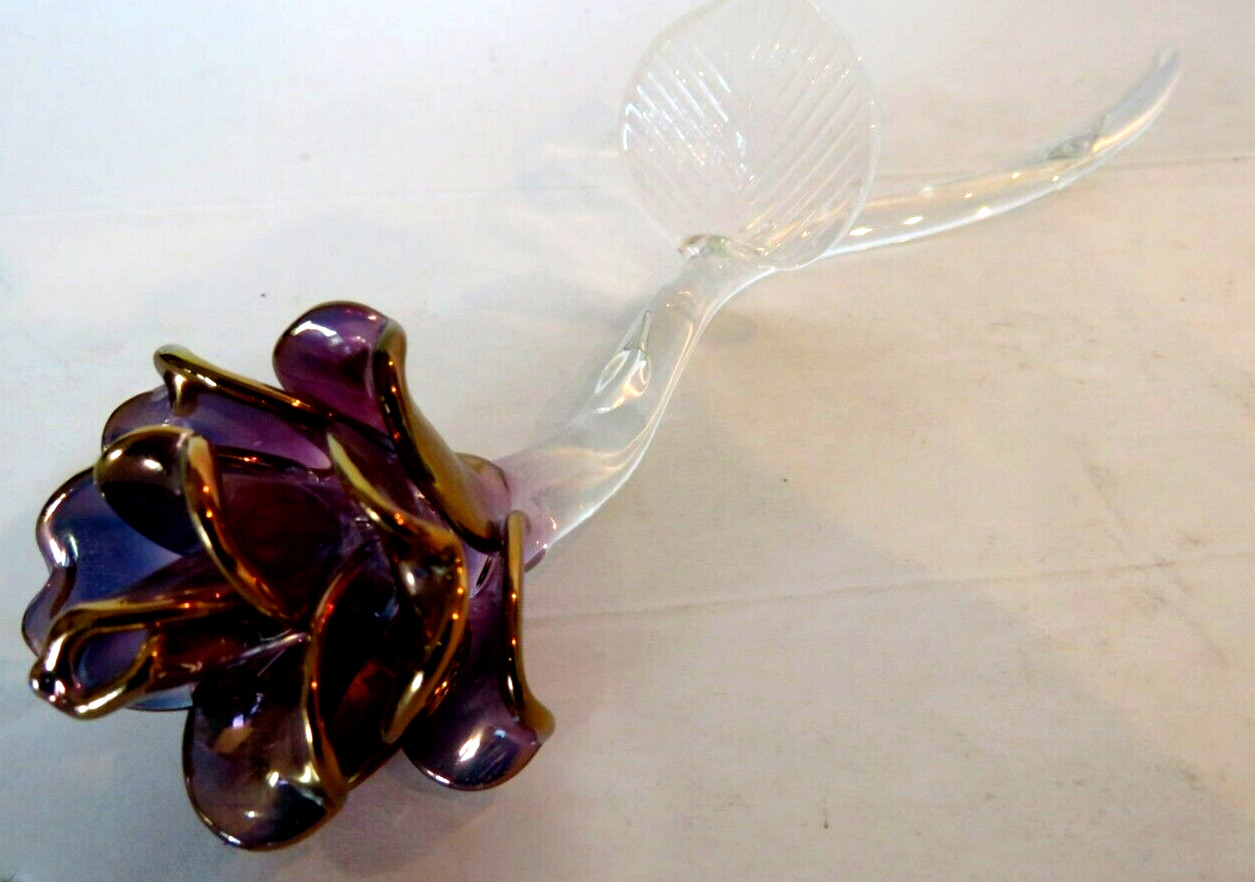 Vintage Hand Blown Rose Flower Art Glass Purple Gold Tip Beauty Belle Gift