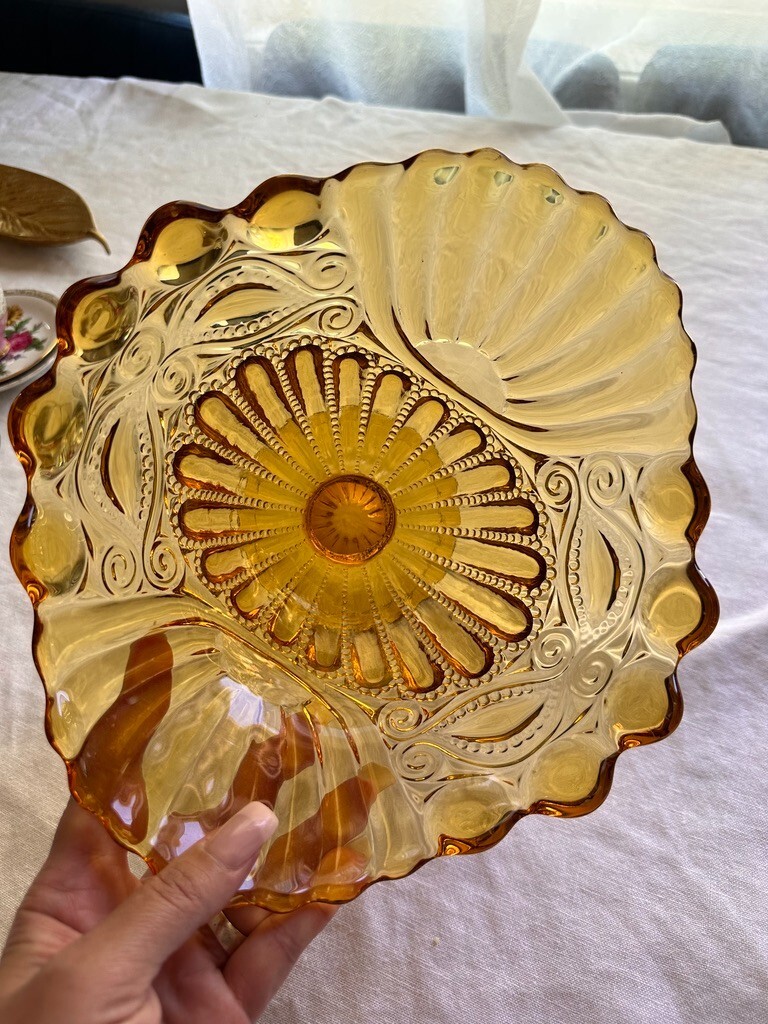 Fenton Eyewinker Pattern for LG Wright AMBER GOLD Footed Candy dish 6″ tall VTG