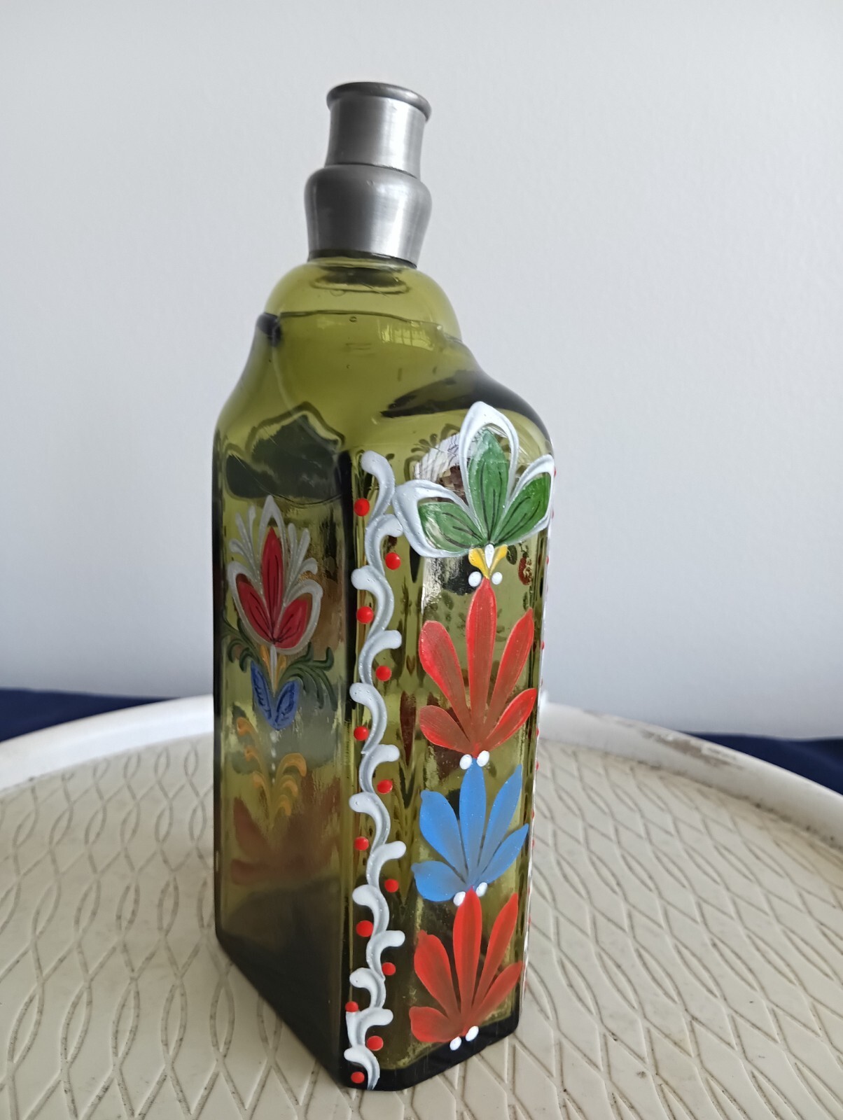 Vintage Blown Green Glass Reproduction Hand Painted Enamel Bottle w/ Pewter Top