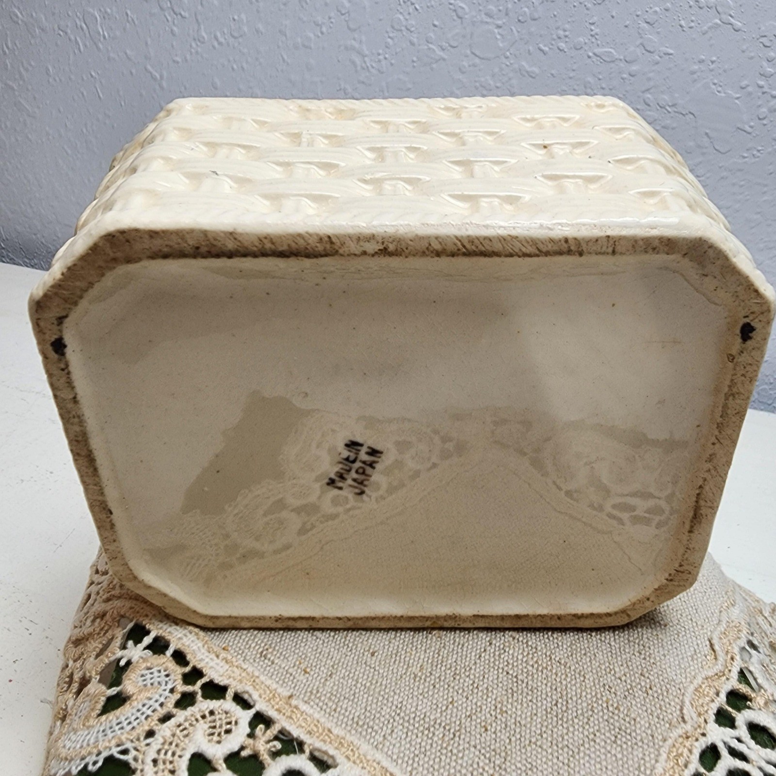 Vintage Basket Weave Porcelain Box with Rosette Lid, Cream Crackling