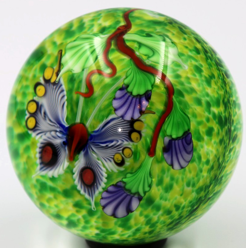 LARGE Beautiful NOS Mayauel WARD Colorful BUTTERFLY Flower Art Glass Paperweight