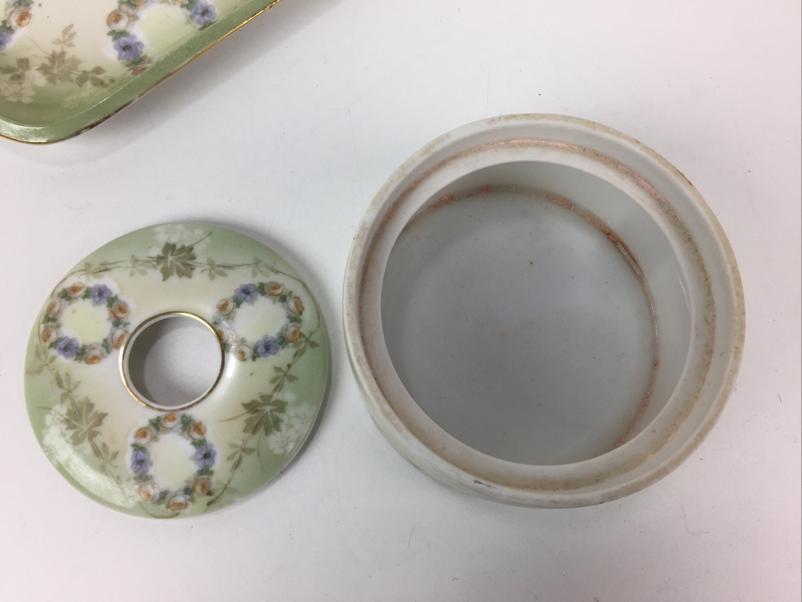 Antique RS Germany Floral Wreath Decorated 9″ Dish Jewelry Tray + Lidded Bowl