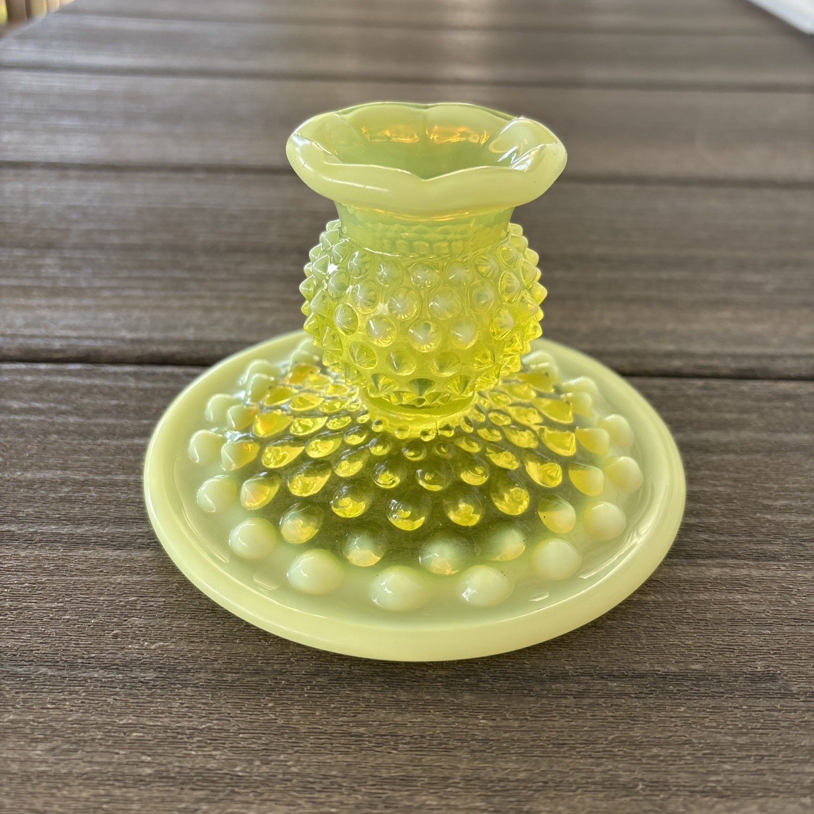1 Fenton Hobnail Candlestick Holder Vaseline Topaz Opalescent Uranium 3” H