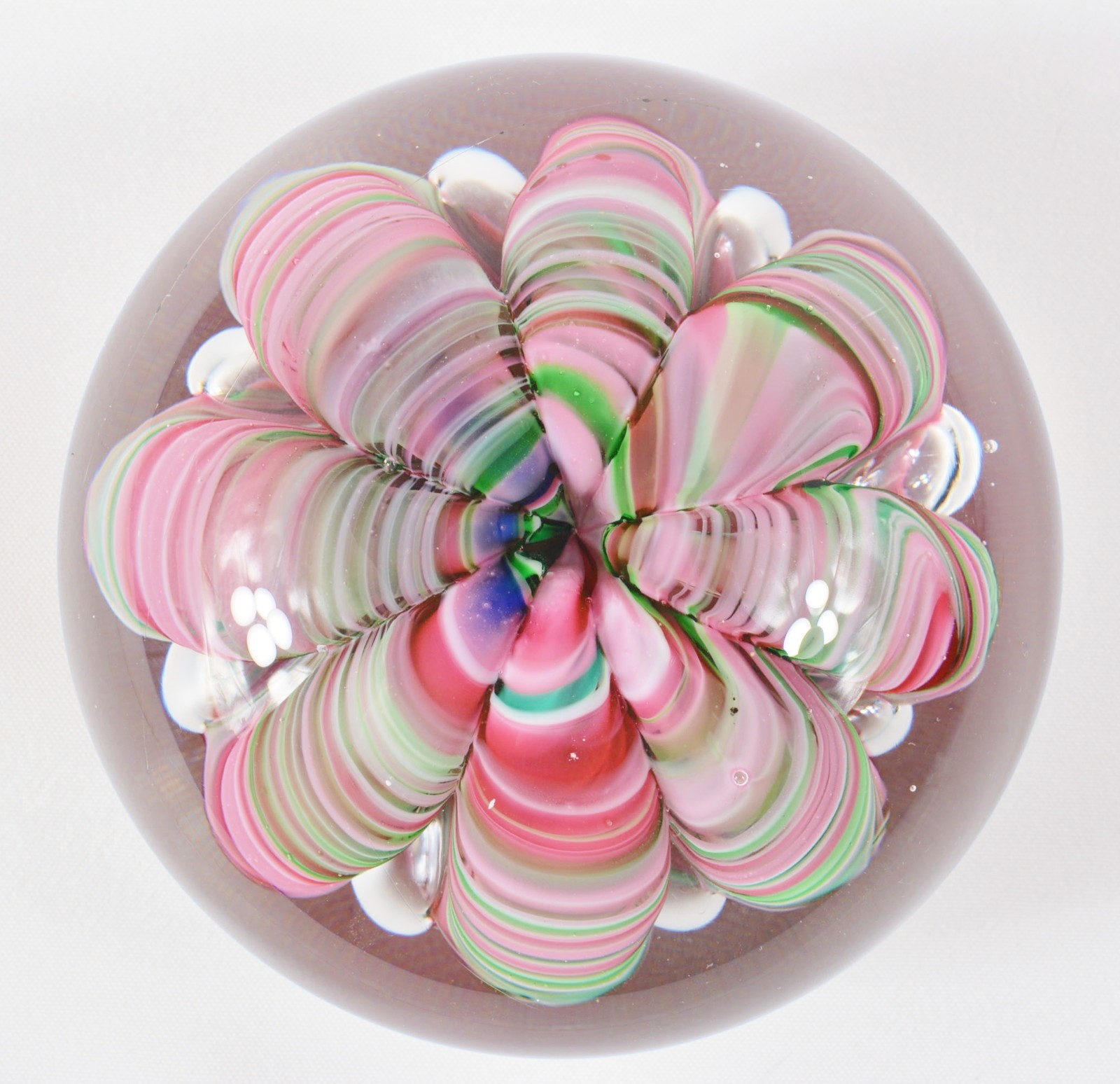 Vtg Joe St Clair Large Ribbon Crimp Glass Paperweight Pink Green Swirl Bubbles