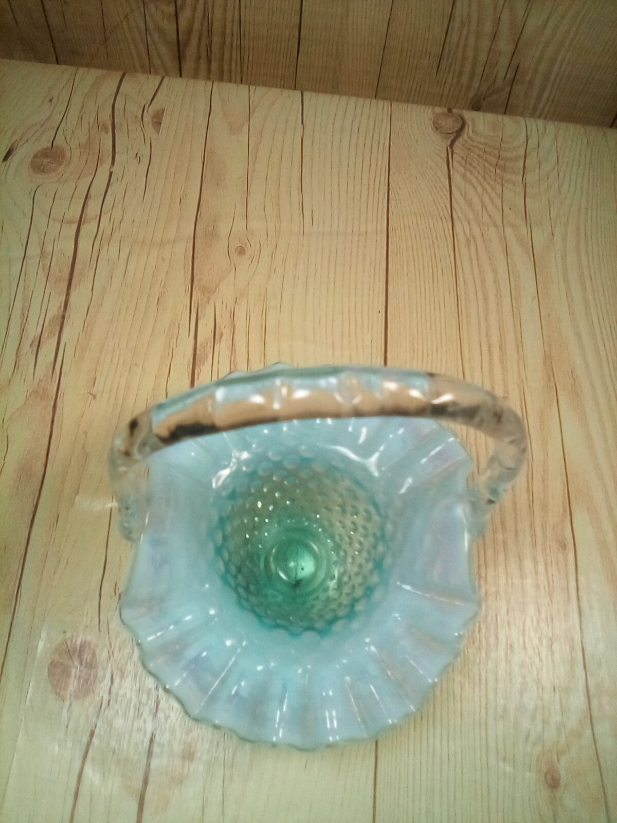 Vintage Small Fenton Aqua Blue Opalescent Hobnail Ruffled Glass Basket