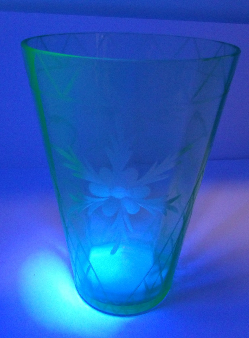 Vintage Uranium Glass Vase 8” Etched Floral Green Glows Under UV Blacklight