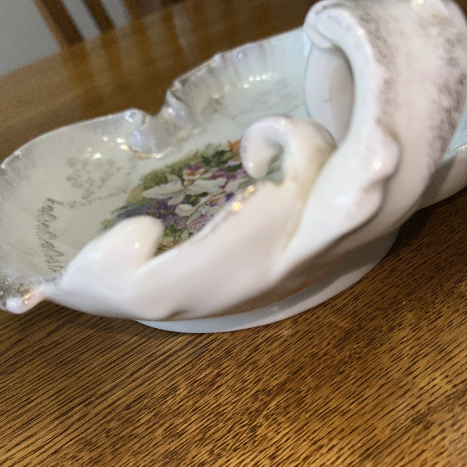 Antique Carl Tielsh CT Germany scalloped porcelain bowl 11×9” Floral Gold Handle