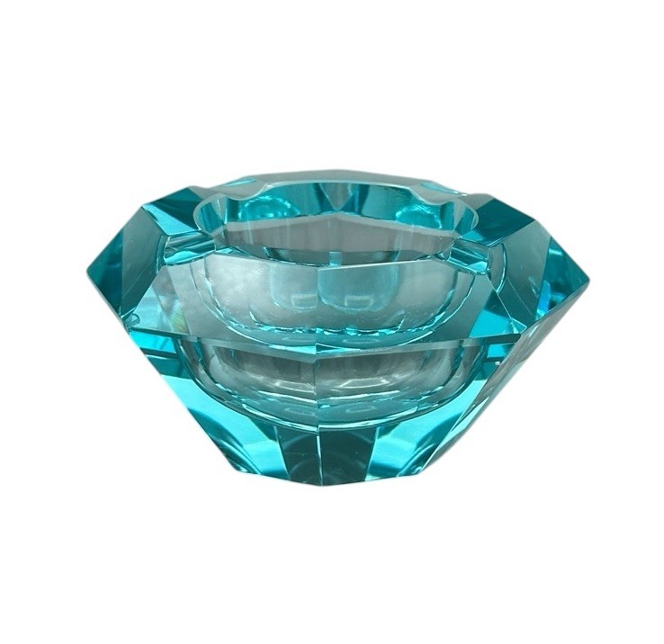 Moser Style Gem Ashtray Glows AS IS Blue Turquoise Glass Geometric Multifaceted
