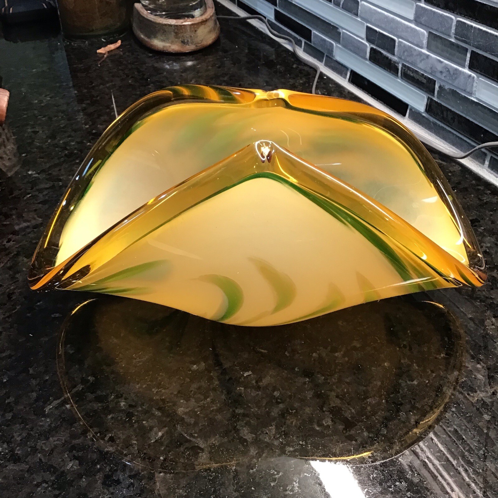 Large Murano Art Glass White Crystal Bowl Or Vase Amber & Green Made Italy MCM