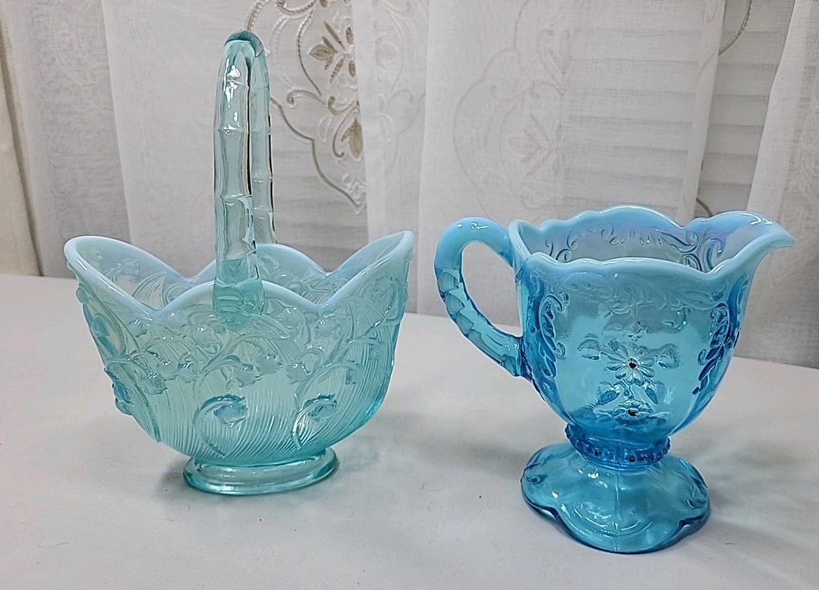 2-Fenton Aqua Blue Opalescent 8″ Basket 5″ Creamer Damaged See Pics READ AS IS!