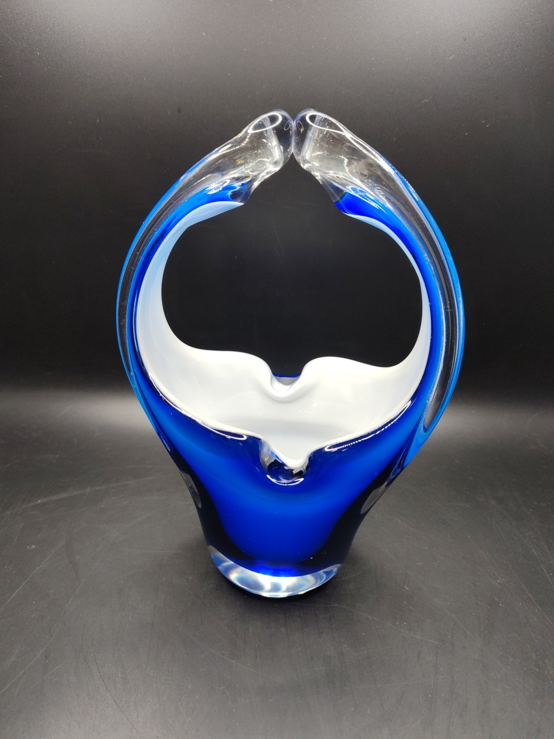 Murano Italian Hand Blown Glass Basket Candy/Nut Dish Cobalt Blue and White VTG