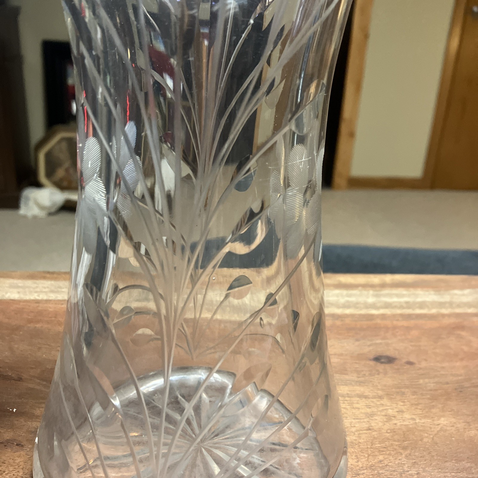 Gorgeous Mckee corset vase 12” Lead Crystal Wheel Cut Floral & Wheat Motif.