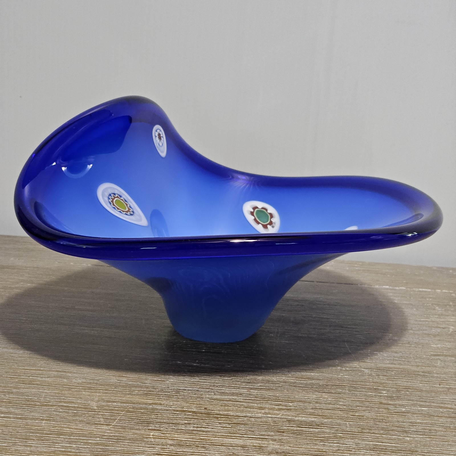 Murano Style Millefiori Artglass Bowl Colbalt Blue 10” Multi Colored Wavey Vtg.