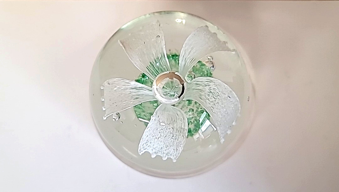 Hand Blown Art Glass Paperweight White Flower w/Controlled Bubble and Green