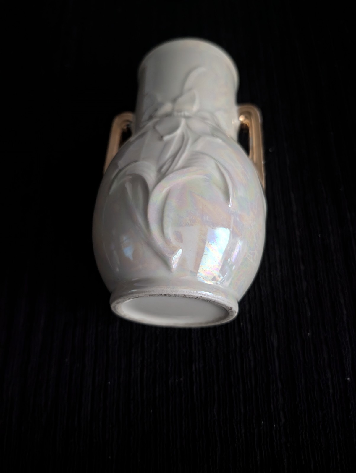 White Ceramic Floral Vase, Glossy Finish, Gold Handles, Decorative Pottery