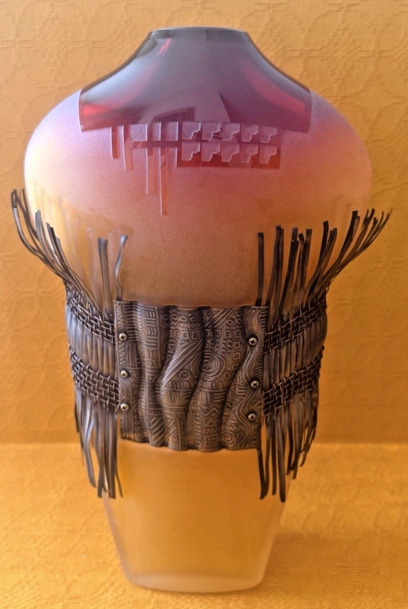 JIM & CONNIE GRANT Amber Red Glass Vase Copper Wrapped Signed 11.5″ High