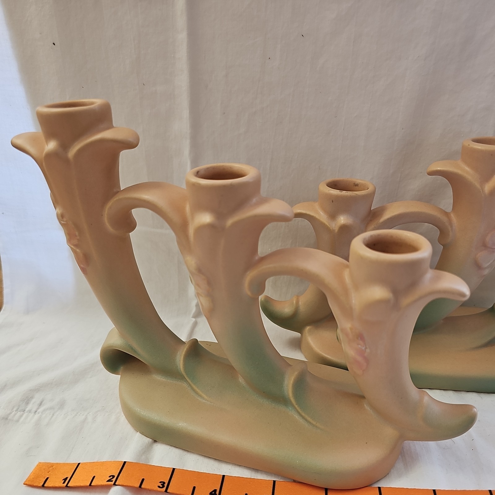 1930s Weller Pottery Wild Rose Triple Branch Candle Holder/Candelabra Pink