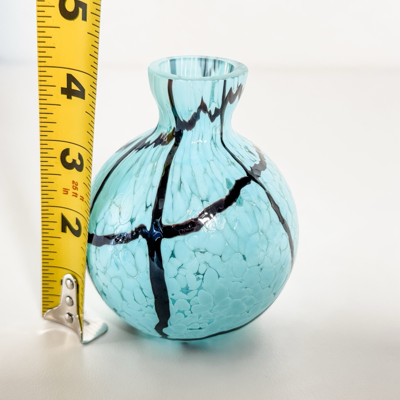 Vintage Hand Blown Art Glass Bud Vase Turquoise Blue Black Webbed Pattern 4″